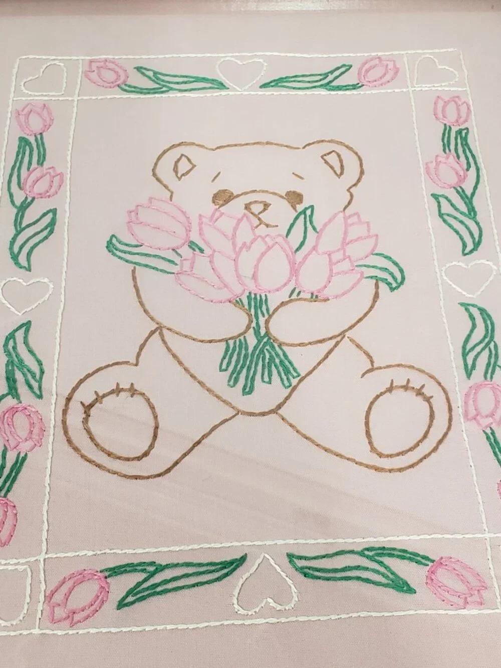 Handmade Framed Embroidered Bear Flowers Tulips nursery baby girls bedroom